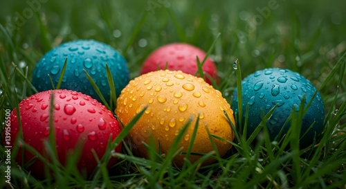 Vibrant Easter eggs in red, yellow, and blue rest on fresh green grass, glistening with water droplets from a recent rain, creating a vivid springtime close-up.
