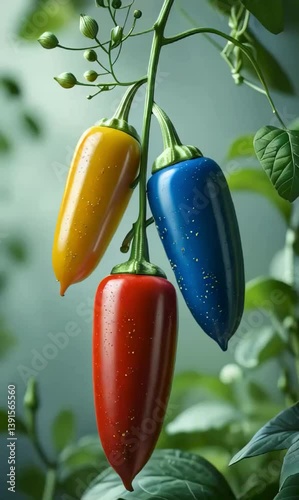 Red chili and sweet peppers hanging fresh on the vine surrounded by colorful vegetables