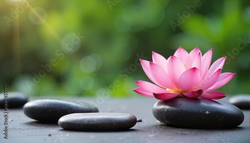 Pink lotus flower blooming on smooth black stones, surrounded by a blurred green garden background, symbolizing serenity and mindfulness, concept of wellness or spa