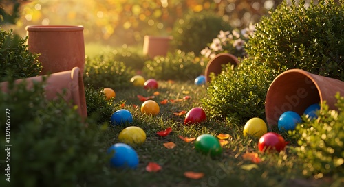 Bright plastic Easter eggs are scattered around a garden path, spilling from terracotta pots surrounded by lush green bushes in the golden light of late afternoon.