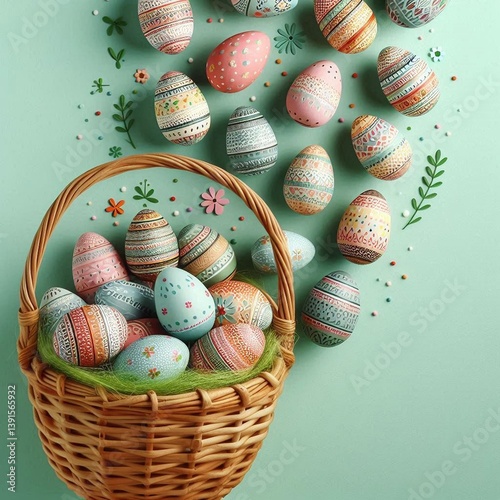 Colorful painted eggs, a traditional spring holiday symbol, in a green basket for Easter celebration