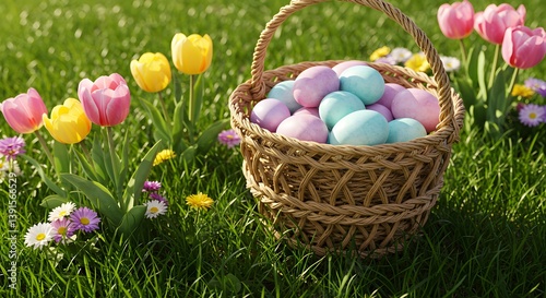 A woven basket filled with pastel-colored Easter eggs is placed on vibrant green grass, surrounded by fresh tulips and daisies under bright daylight.