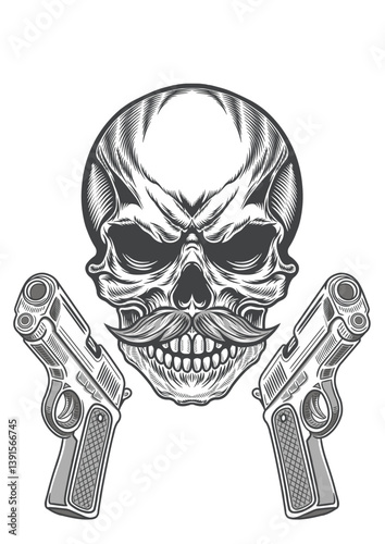 Retro skull with thick mustache hustle artwork style 49