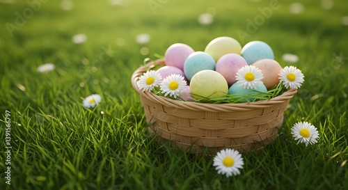 A wicker basket filled with colorful Easter eggs rests on vibrant green grass, surrounded by white daisies in warm sunlight, capturing the joy of spring and Easter celebration.