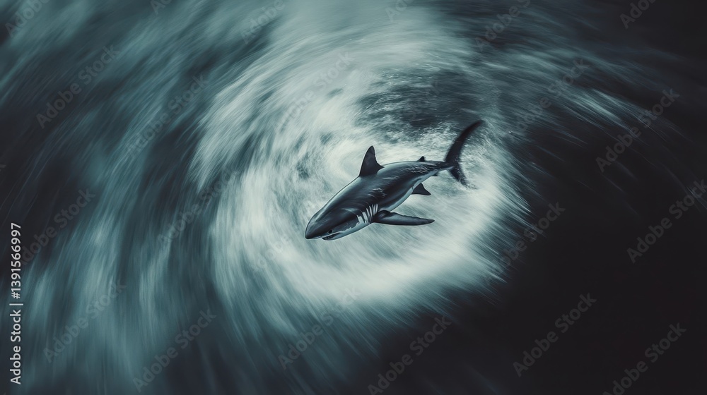 Fototapeta premium A solitary shark is swimming through swirling ocean water