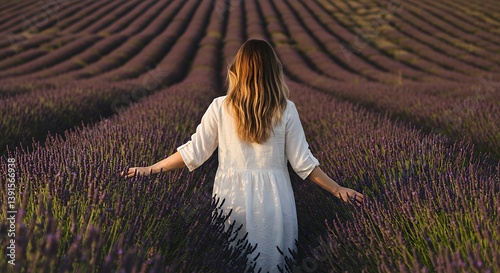 Wallpaper Mural Woman Walking Through Lavender Field in Sunlight Touches Flower Rows Torontodigital.ca