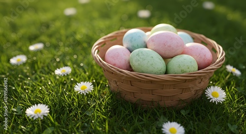 A wicker basket filled with colorful Easter eggs rests on vibrant green grass, surrounded by white daisies in warm sunlight, capturing the joy of spring and Easter celebration.