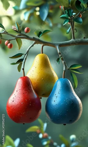 Ripe pears growing naturally on a tree branch with fresh leaves