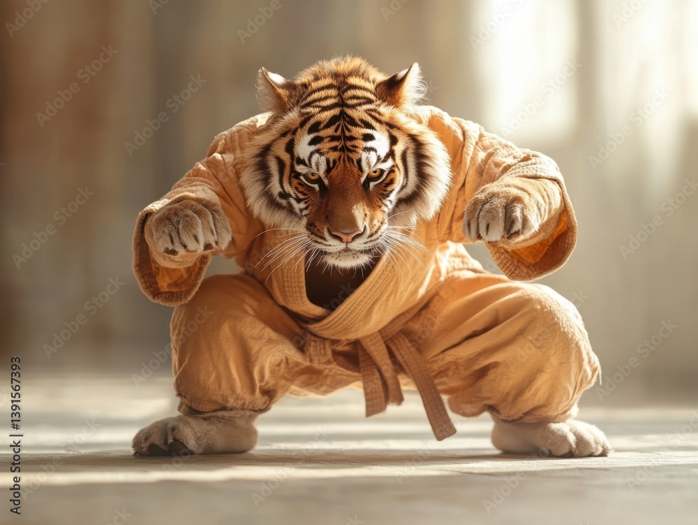 Tiger in martial arts uniform practicing technique in a serene dojo environment Tiger in martial arts uniform practicing technique in a serene dojo environment