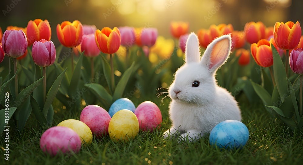 Fototapeta premium A fluffy white bunny sits among colorful Easter eggs in a tulip garden at sunset, capturing a perfect springtime and Easter celebration scene.