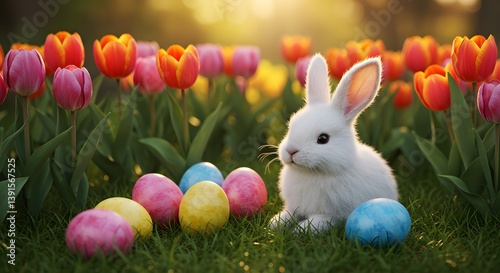 A fluffy white bunny sits among colorful Easter eggs in a tulip garden at sunset, capturing a perfect springtime and Easter celebration scene.