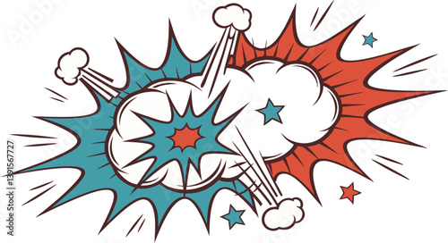 Retro Comic Book Explosion Dynamic Action, Blue Red Stars