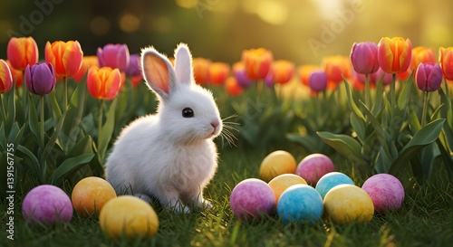 A fluffy white bunny sits among colorful Easter eggs in a tulip garden at sunset, capturing a perfect springtime and Easter celebration scene.