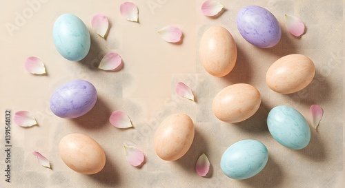 Soft pastel Easter eggs with delicate floral patterns are arranged on a neutral background, scattered among pink flower petals for a gentle, elegant spring vibe.