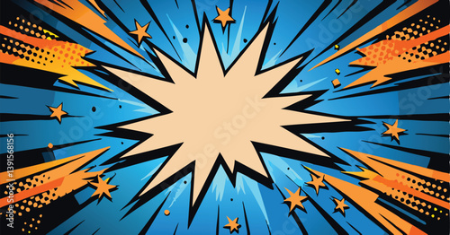 Comic Book Explosion Background Dynamic Starburst, Blue, Orange