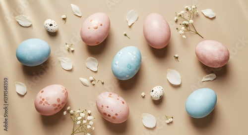 Soft pastel Easter eggs with delicate floral patterns are arranged on a neutral background, scattered among pink flower petals for a gentle, elegant spring vibe.