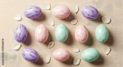 Soft pastel Easter eggs with delicate floral patterns are arranged on a neutral background, scattered among pink flower petals for a gentle, elegant spring vibe.