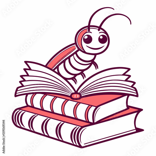 AI line art of bookworm reading books. Minimal, printable vector with white background.


