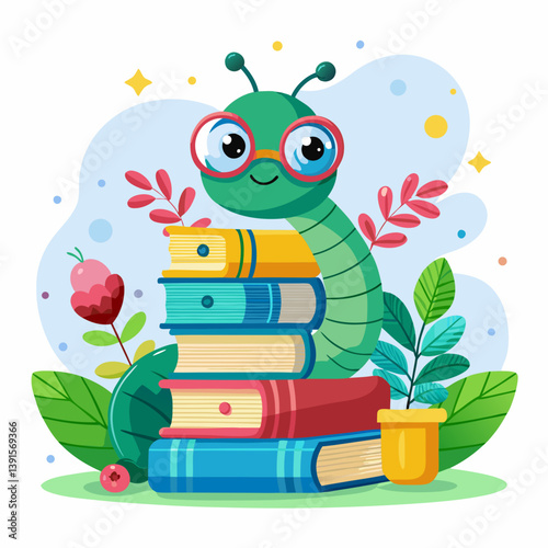 AI line art of bookworm reading books. Minimal, printable vector with white background.


