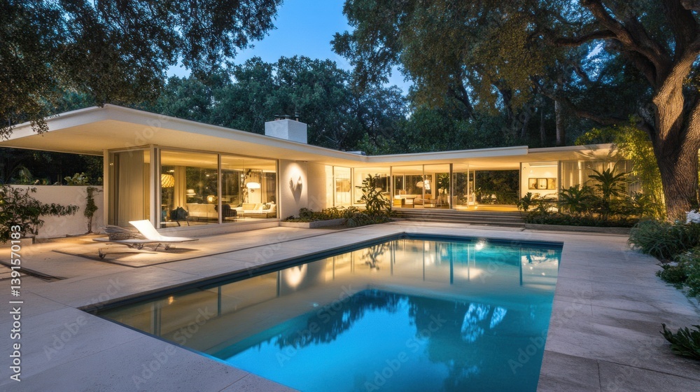 Fototapeta premium Modern luxurious house with a swimming pool at twilight