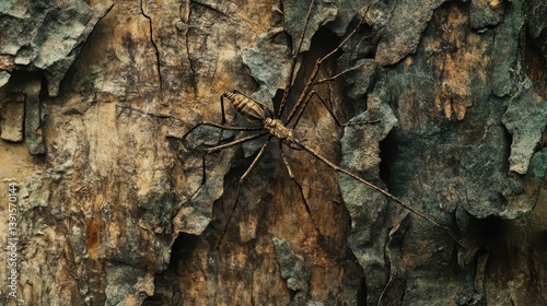 A brown spider is resting on a rough tree trunk surface