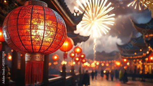 Festive lanterns illuminate a night market during a vibrant fireworks display