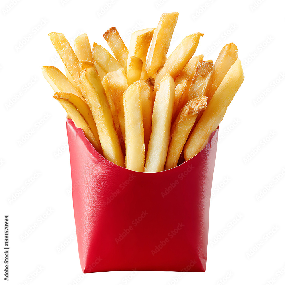 Crispy french fries in red box isolated on transparent background. Crispy french fries in red box isolated on transparent background.