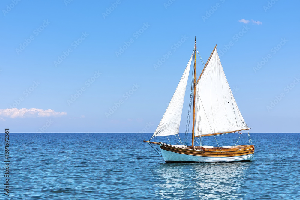 Classic sailboat with white sails glides on tranquil blue ocean under clear sky, sunlight reflecting off its wooden hull and creating peaceful, serene atmosphere