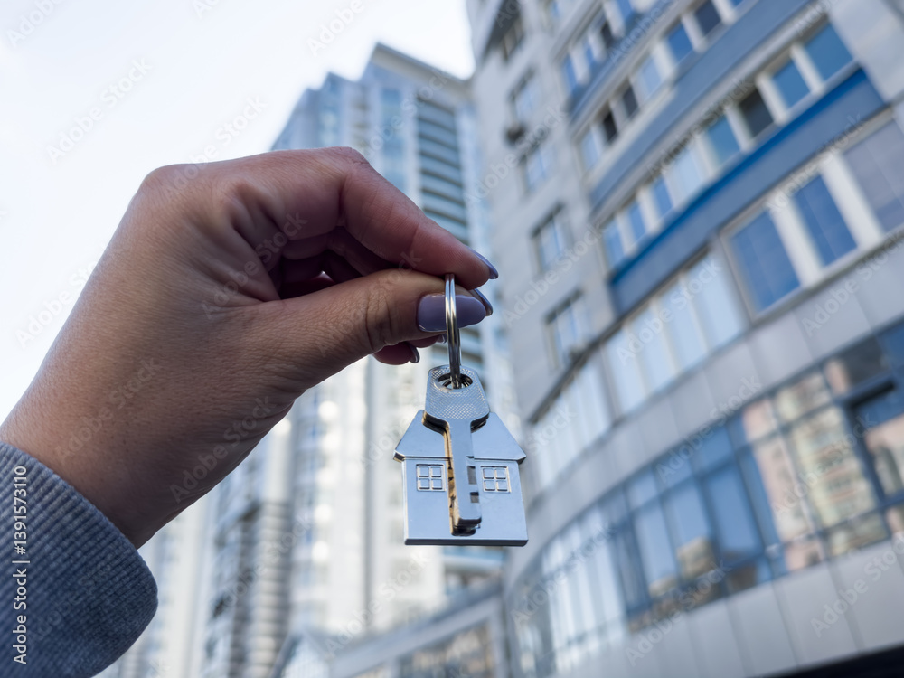 A woman's hand holds a house key in plain view in front of a tall, elegant modern building rising