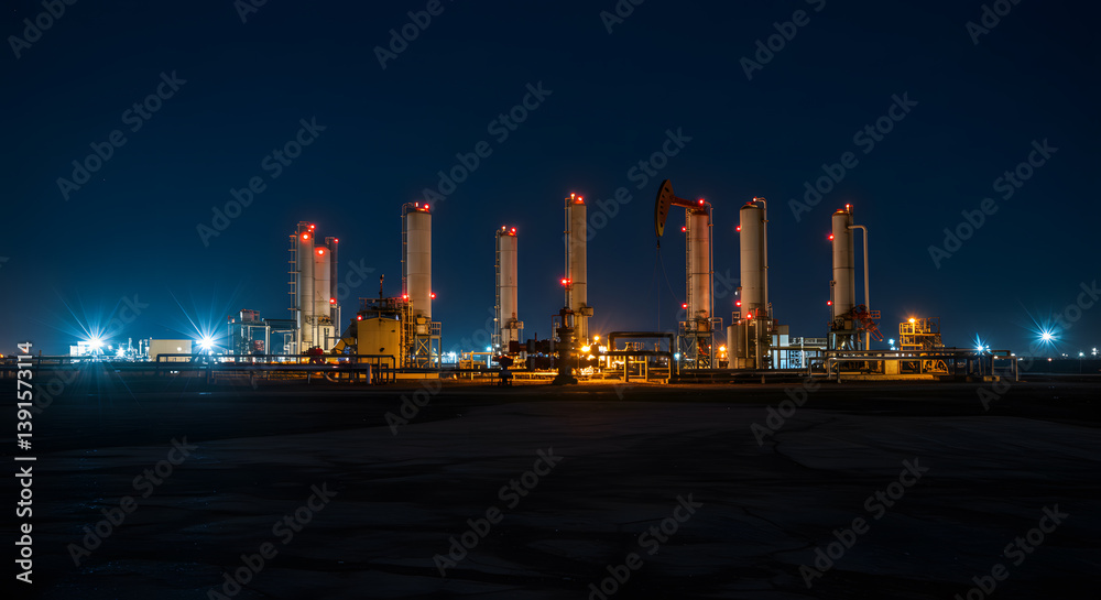 Obraz premium Illuminated Industrial Complex: Nightscape of Towers and Lights on a Dark Plain.