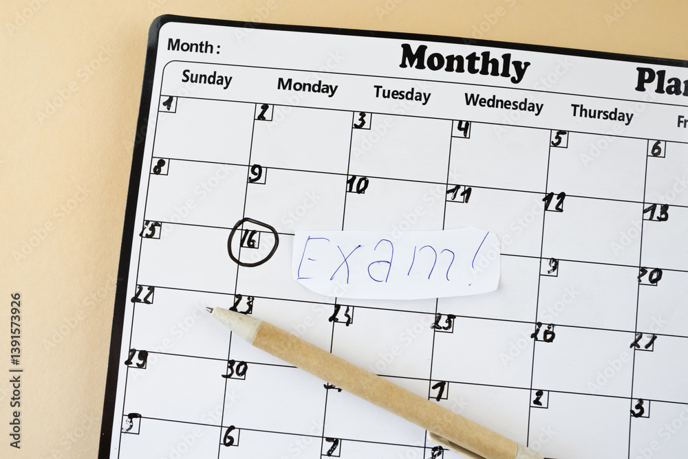 planner calendar with text inscription exam,