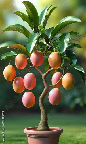 Ripe orange fruit and red apple hang from branches of potted and garden trees, embodying healthy organic harvest in nature