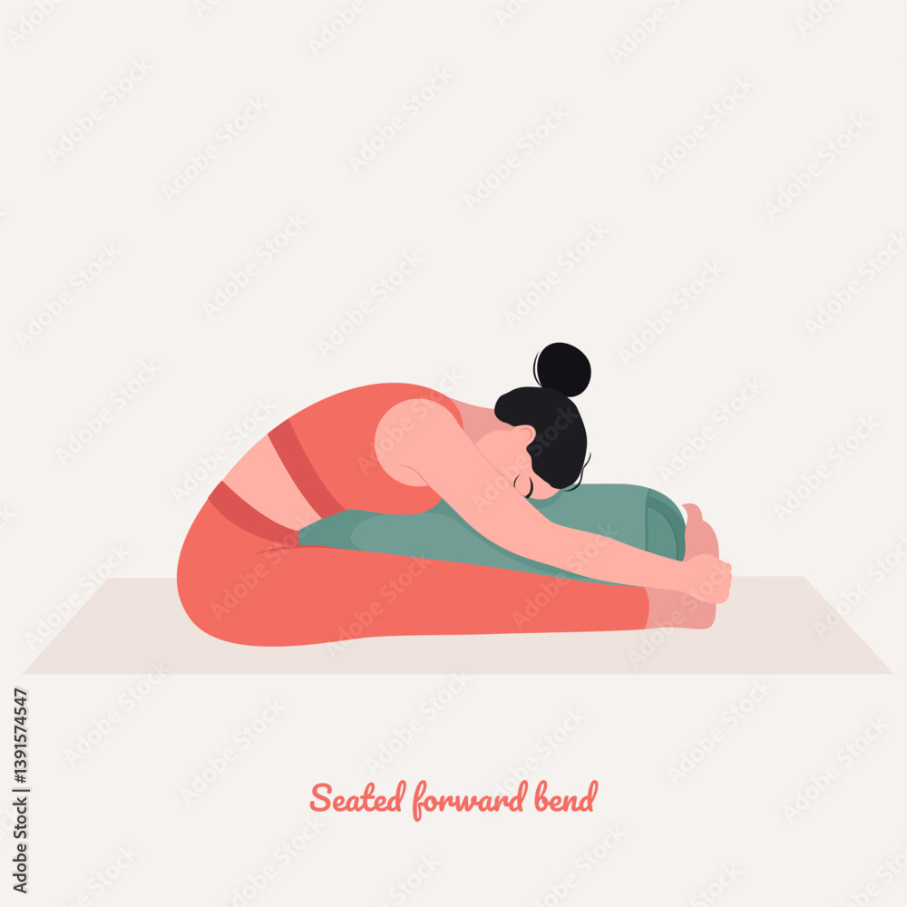 Fototapeta premium Seated forward bend with bolster. Young woman practicing Yoga pose. Woman workout fitness, aerobic and exercise