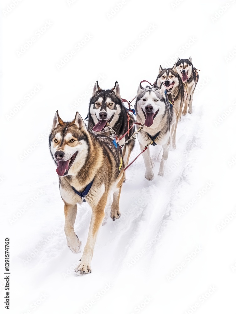 Naklejka premium Five Huskies Pulling Sled Through Snowy Landscape