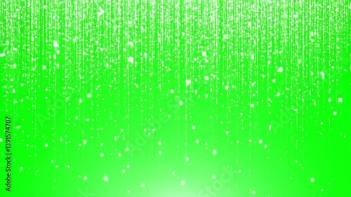 Vertical shimmering light particles falling on bright green background. Abstract motion design element ideal for chroma key, rain effect, or festive video overlays.

