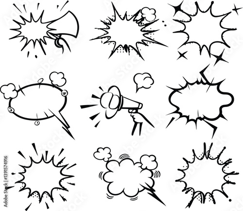 Comic Book Speech Bubbles, Megaphones, Announcement, Explosion Effects
