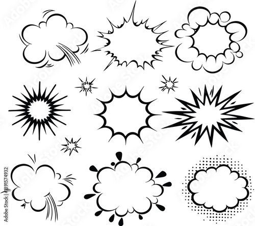 Comic Book Speech Bubbles Explosions, Clouds, and Stars