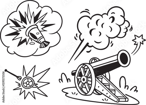 Cartoon Cannon Explosions Fire, Smoke, and Projectile Impacts