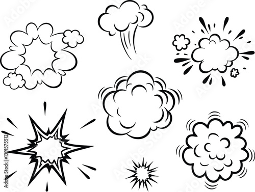 Comic Book Explosion Effects Pop Art Style, Black and White Graphics