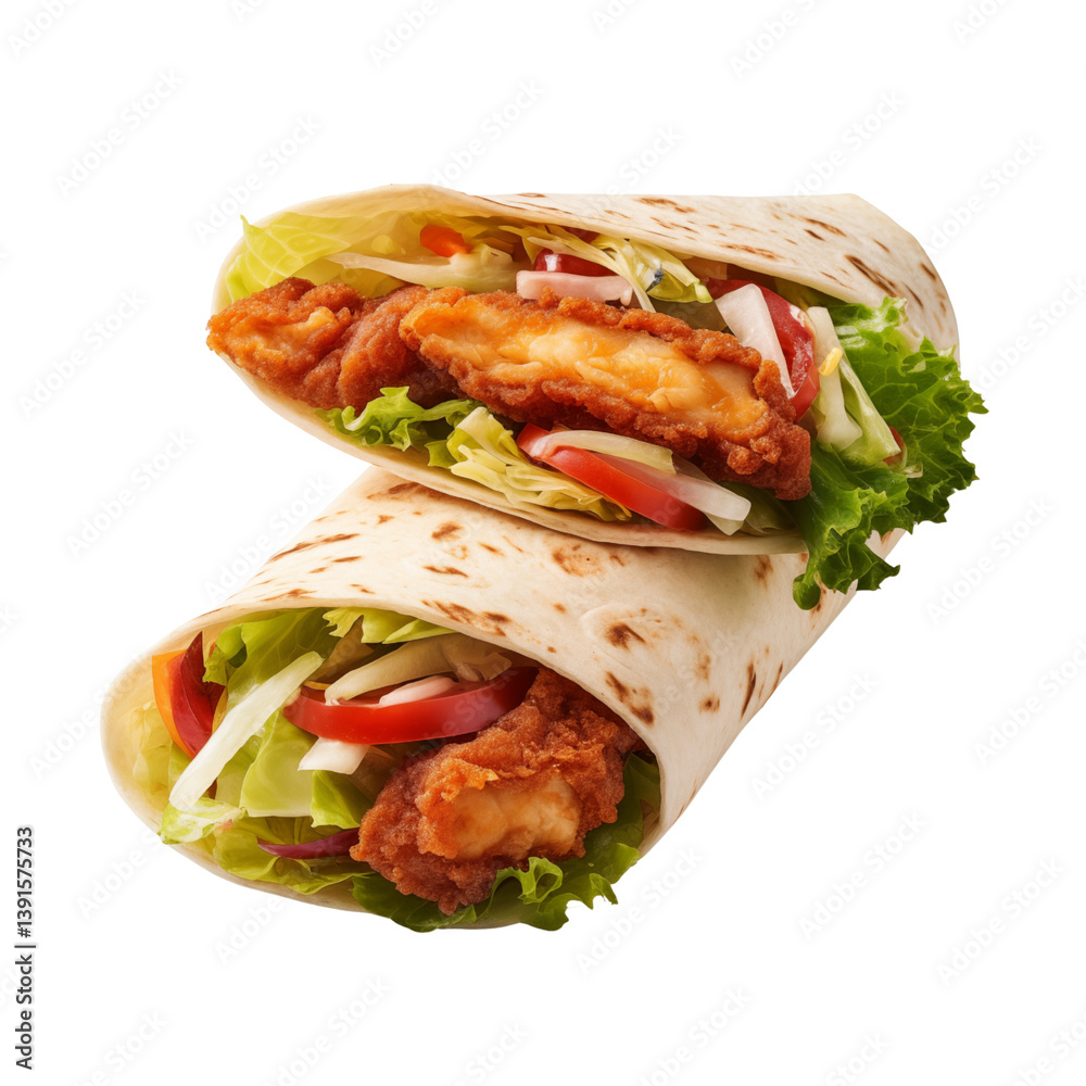 wrap sandwich with fried chicken and vegetables isolated on transparent background