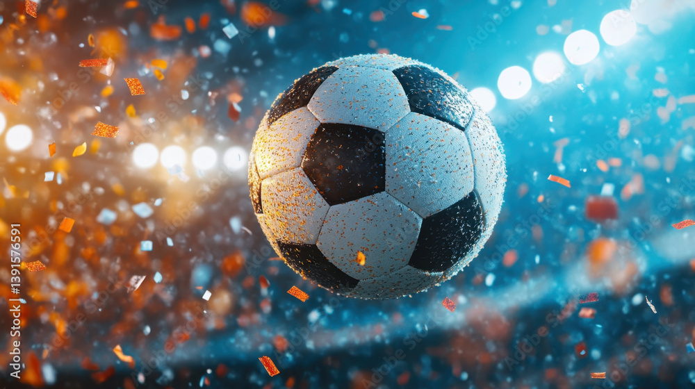 Fototapeta premium soccer ball is flying through air amidst colorful confetti and bright stadium lights, creating exciting atmosphere of celebration and sport