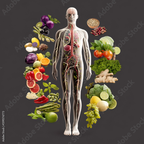 detailed illustration of human body with focus lymphatic system, surrounded by various fruits and vegetables that promote health and wellness. This emphasizes connection between nutrition