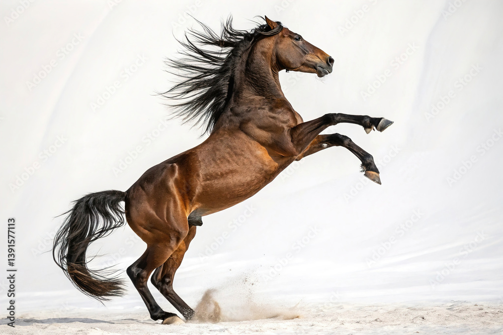Dynamic brown horse rearing up on a white background