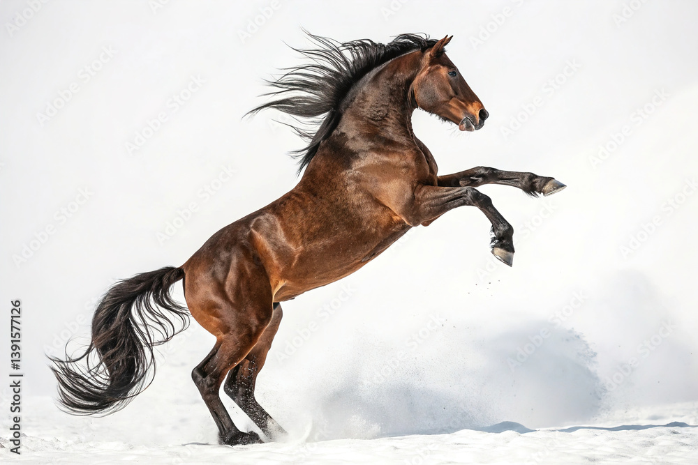 Dynamic brown horse rearing up on a white background