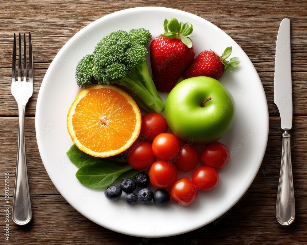 A colorful arrangement of fresh fruits and vegetables on a white plate, featuring broccoli, strawberries, an orange, tomatoes, and an apple. A colorful arrangement of fresh fruits and vegetables on a white plate, featuring broccoli, strawberries, an orange, tomatoes, and an apple.
