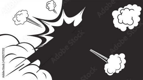 Comic Book Style Explosion, Black and White, Impact, Power, Blast, Dynamic, Smoke, Clouds, Energy, M