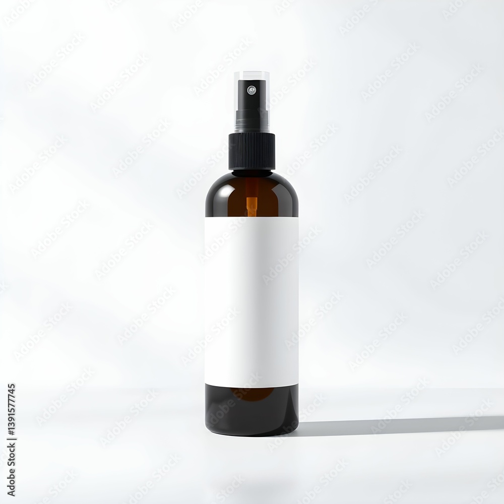 Glass bottle, spray nozzle, clear liquid, minimalist label, off-white background, product photography, clean aesthetic, simple design, transparent container Glass bottle, spray nozzle, clear liquid, minimalist label, off-white background, product photography, clean aesthetic, simple design, transparent container