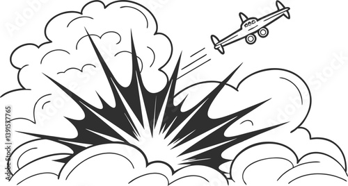 Exploding Airplane Comic Book Style Action Scene Illustration
