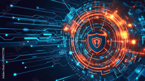 Futuristic digital shield with glowing circuits symbolizing cybersecurity
