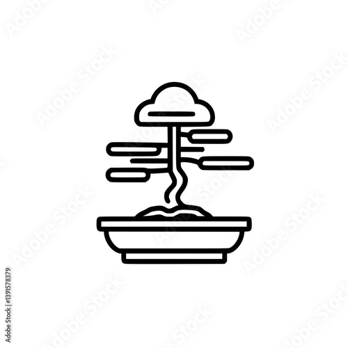 Bonsai tree in pot black silhouette, Minimalist black and white vector silhouette of a bonsai tree in a pot, symbolizing peace, nature, and balance.

